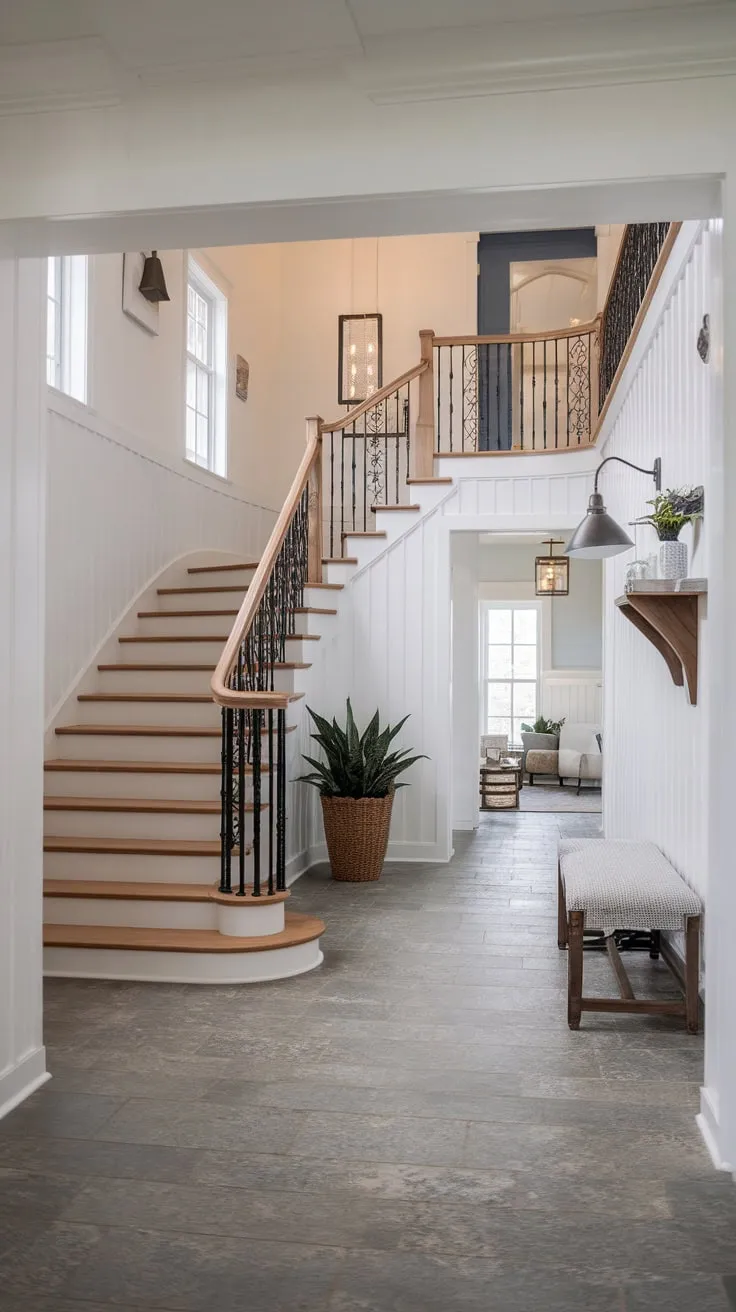 A bright white modern farmhouse foyer boasts a grand wooden staircase with wrought iron railing, gray tile floors, and coastal-inspired accents creating a welcoming suburban entryway.