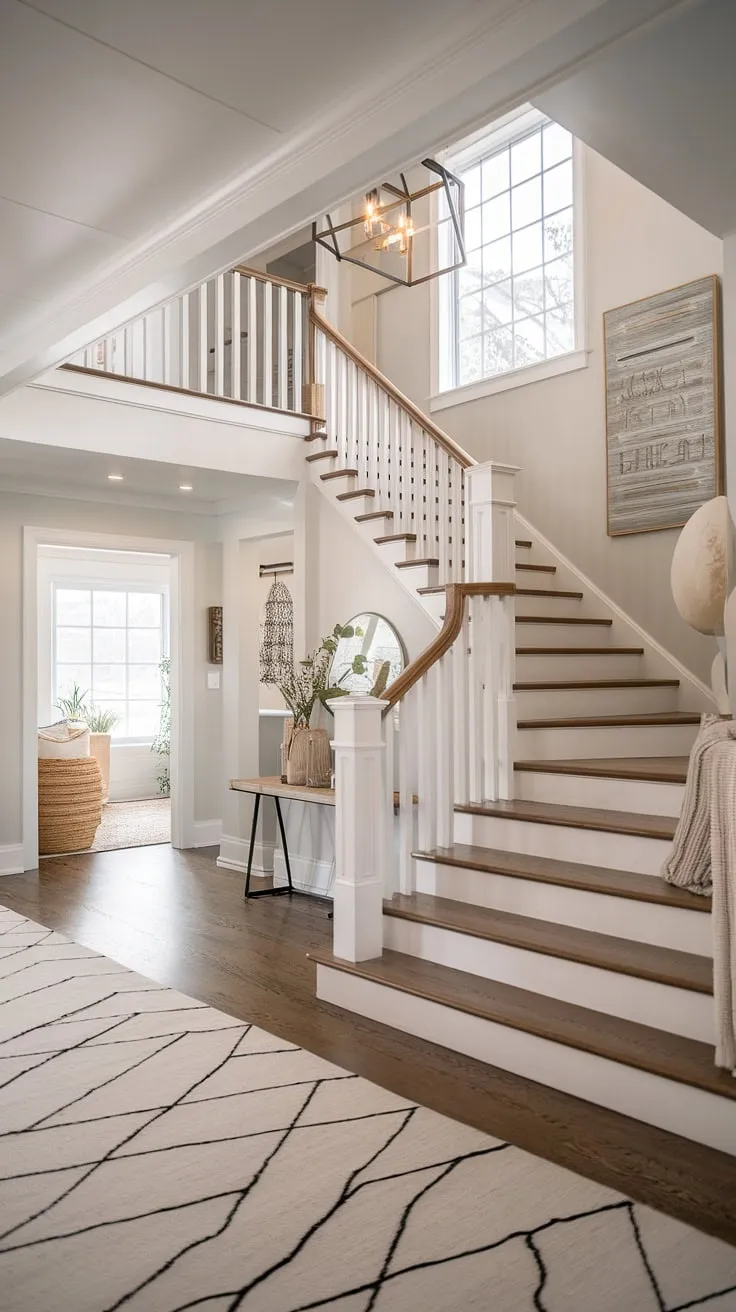 The entryway style of this suburban house interior is effortlessly chic.  A blend of modern farmhouse and coastal garage aesthetics, this foyer with stairs offers a calming neutral palette and a striking focal point.