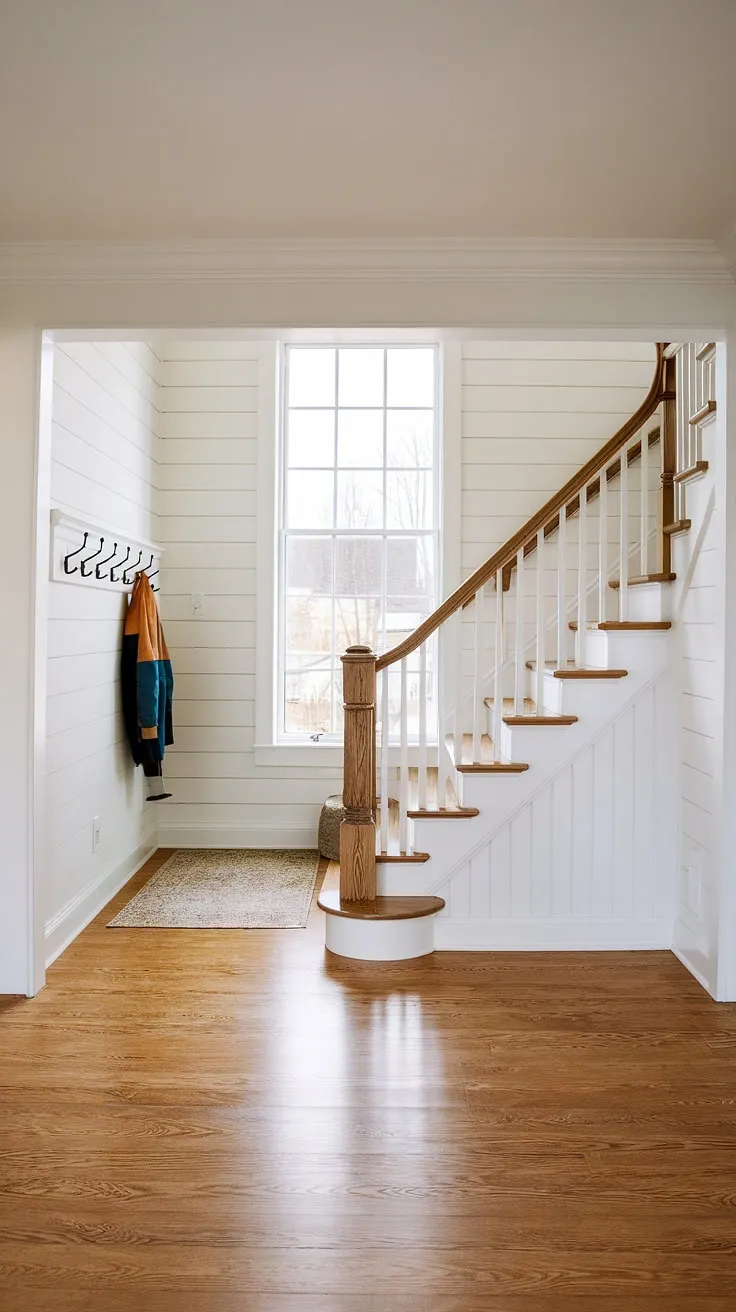 This foyer with stairs entryway effortlessly marries modern farmhouse foyer charm with a relaxed coastal garage interior vibe.  The suburban house interior aesthetic is enhanced by natural light and thoughtful details, making this entryway style truly unique.
