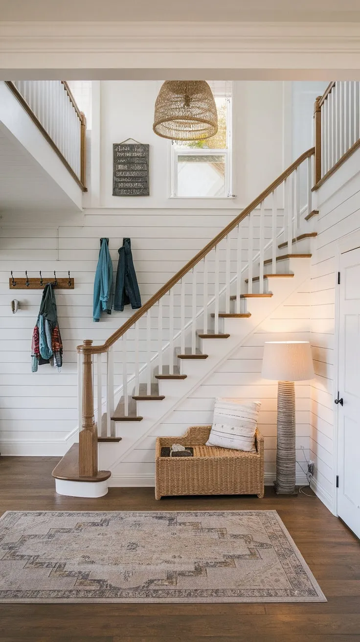 A blend of coastal garage interior and modern farmhouse foyer styles creates a unique entryway style in this suburban house interior. The foyer with stairs entryway is both inviting and sophisticated, a perfect welcome to the home.