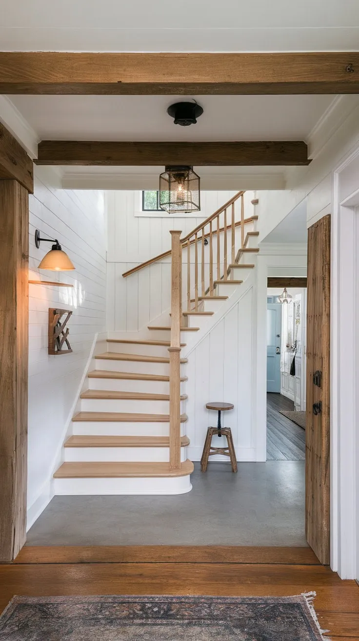 This modern farmhouse foyer with stairs sets the tone for the entire home.  The rustic wooden beams and concrete flooring create a unique entryway style, seamlessly blending into the suburban house interior and hinting at the coastal garage style awaiting beyond.