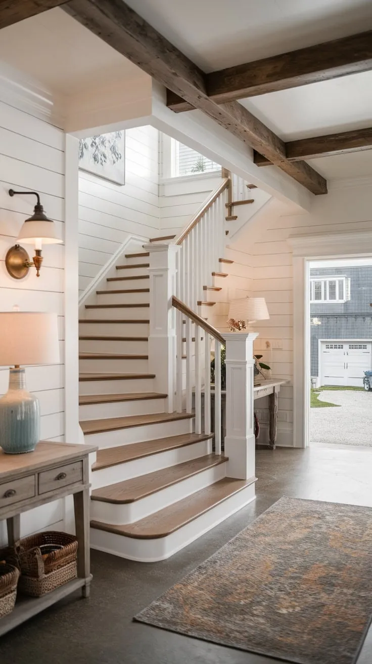 Rustic charm meets modern design in this foyer, where wooden stairs and exposed beams welcome you into a coastal suburban home.