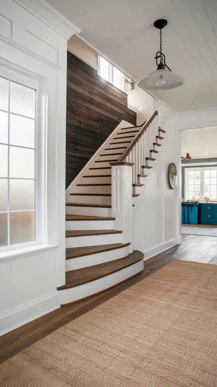 Rustic charm meets modern design in this foyer, where a wooden staircase and light-filled window create a welcoming entryway to a coastal-inspired home.