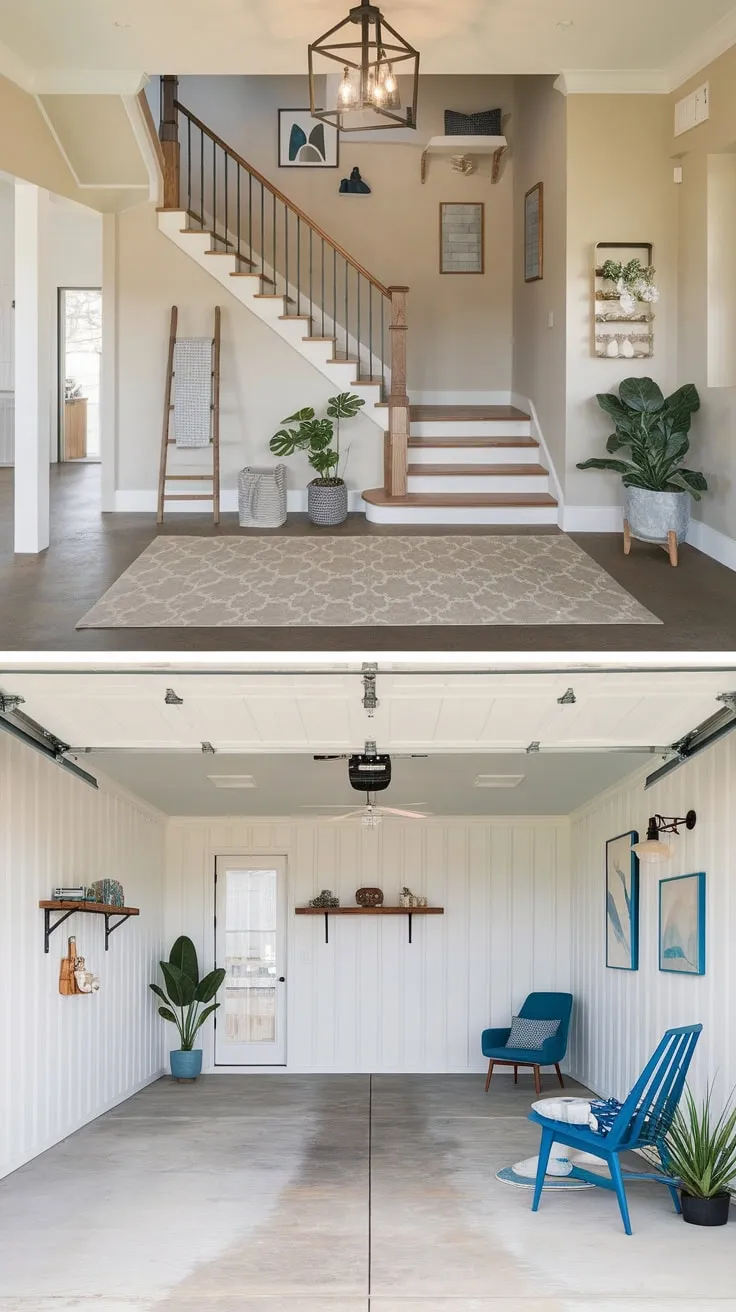 A modern farmhouse foyer featuring a wooden staircase and patterned rug flows seamlessly into a coastal-inspired garage, creating a stylish and inviting entryway.