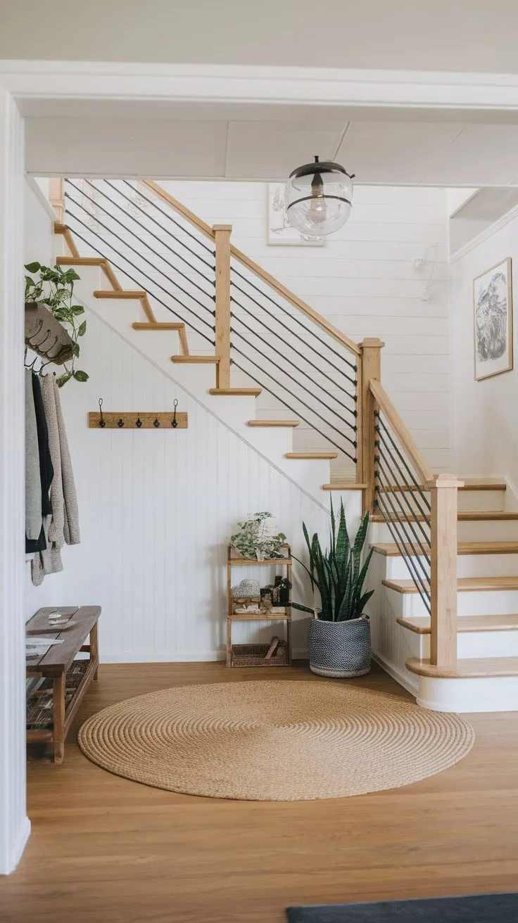 A light and airy modern farmhouse foyer features a wooden staircase with metal pipe railings centered on a round rug, complemented by a coat rack, plant, and wood flooring.