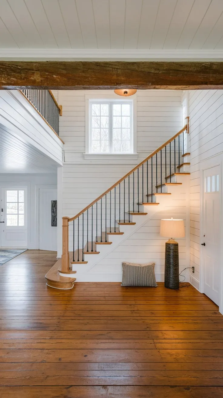A coastal-garage-inspired modern farmhouse entryway features a sleek wooden staircase and white walls under a dramatic wooden beam, creating a welcoming and airy atmosphere.
