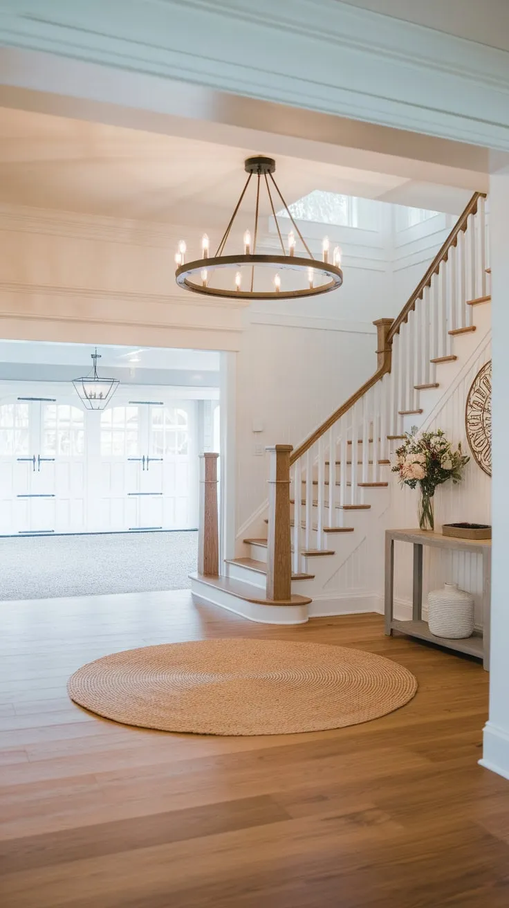 A modern farmhouse foyer boasts a stunning wooden staircase, a chic round chandelier, and white walls leading to a coastal-view garage beyond.