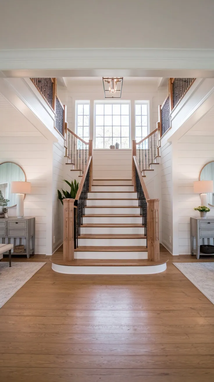 A bright modern farmhouse foyer welcomes you with a grand wooden staircase, a sunlit landing, and tasteful décor.