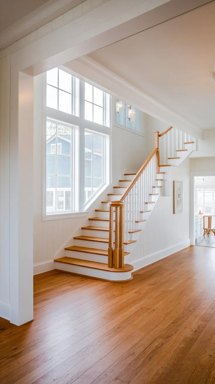 A bright modern farmhouse foyer with a wooden staircase and large window welcomes you into a coastal-inspired suburban home