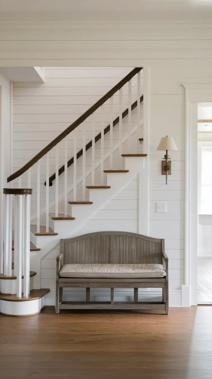 A welcoming modern farmhouse entryway boasts a staircase, comfy bench, and soft lighting creating a serene transition to a coastal-style home.