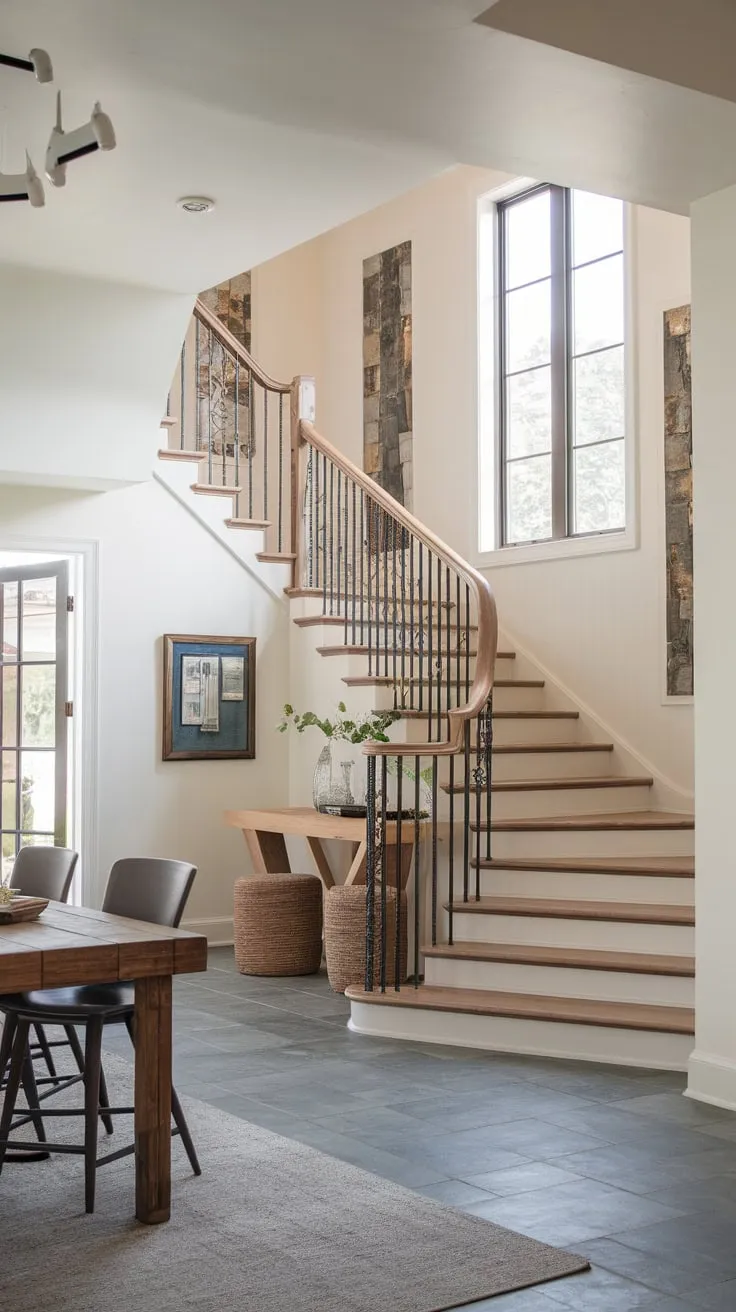 Rustic charm meets modern elegance in a white-walled foyer showcasing a wooden staircase, iron railing, and grey tile floors bathed in natural light.
