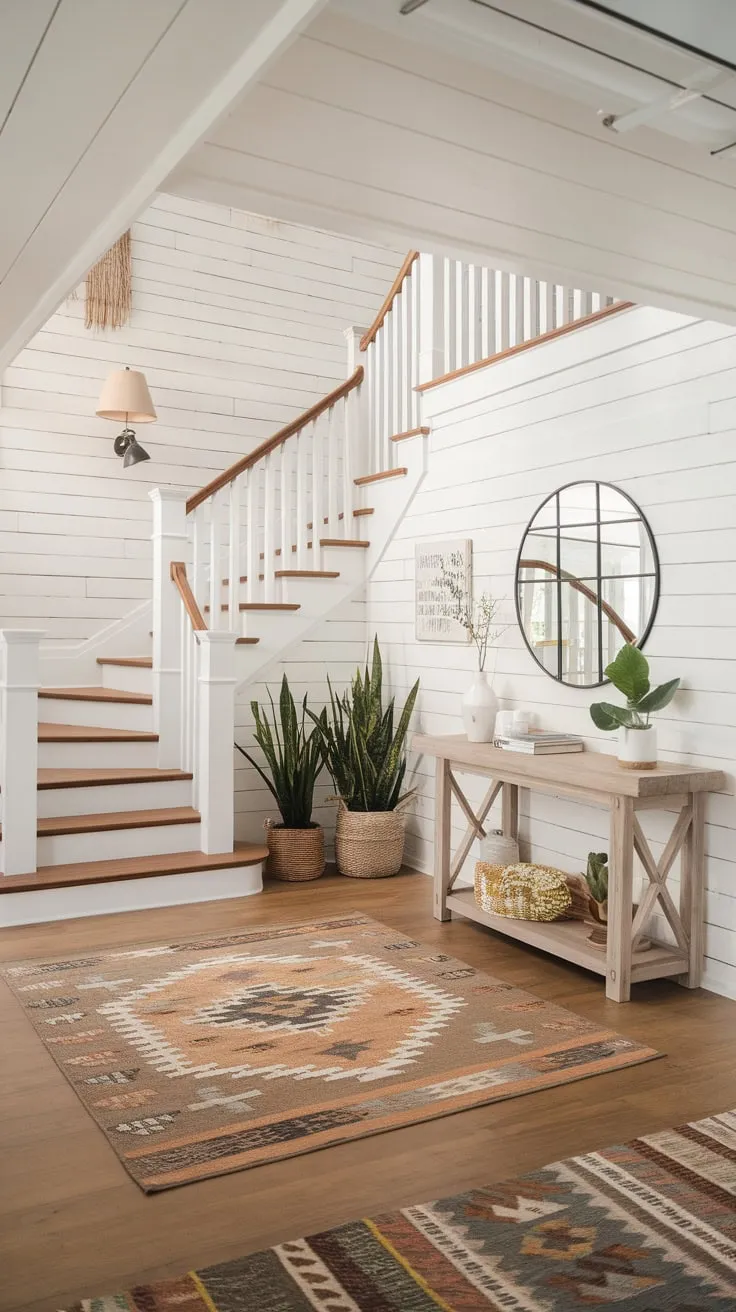 A bright modern farmhouse foyer welcomes guests with a wood-floored entryway featuring a wooden staircase, geometric rug, and coastal-inspired accents