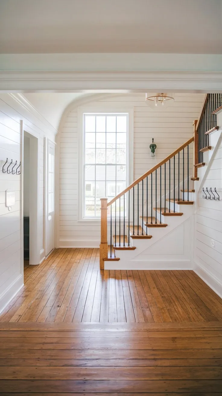 A welcoming suburban modern farmhouse foyer features a stylish wooden staircase and large window illuminating the white-walled entryway.