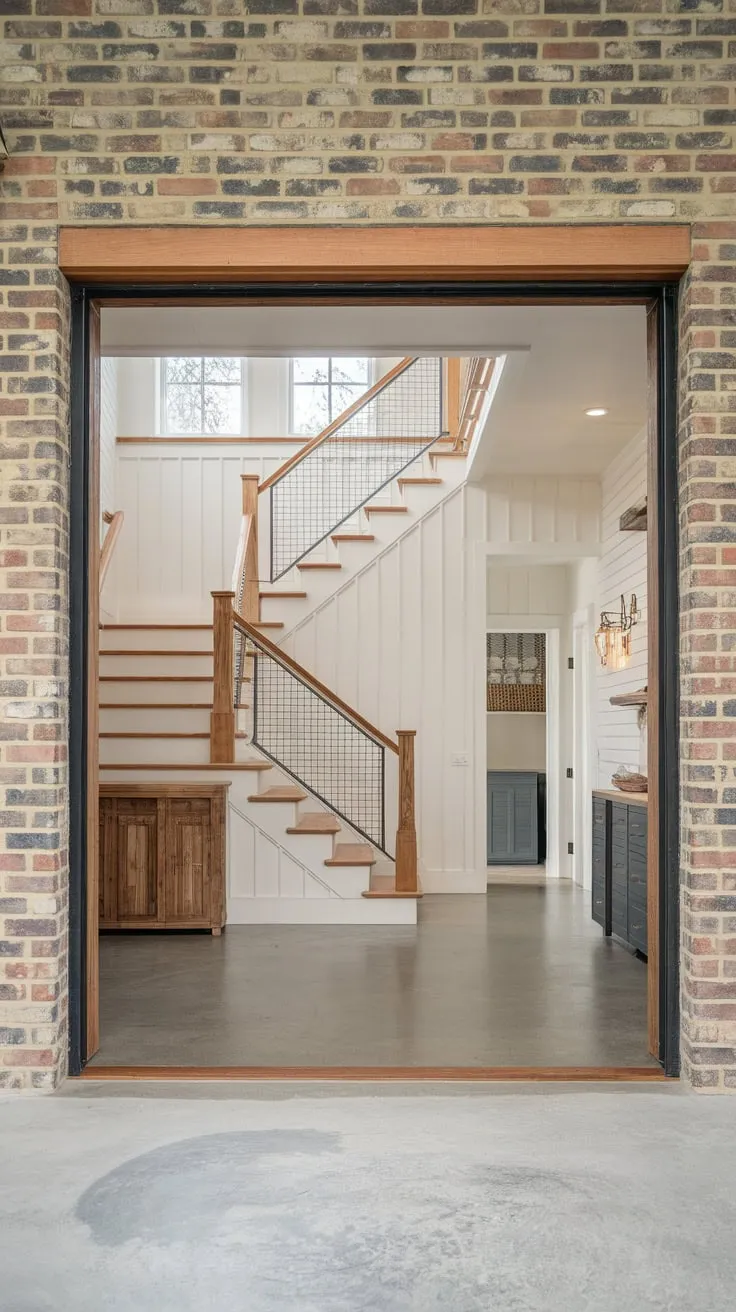 High ceilings and a wooden cabinet complete this suburban home's welcoming entryway with a concrete floor and exposed brick walls.