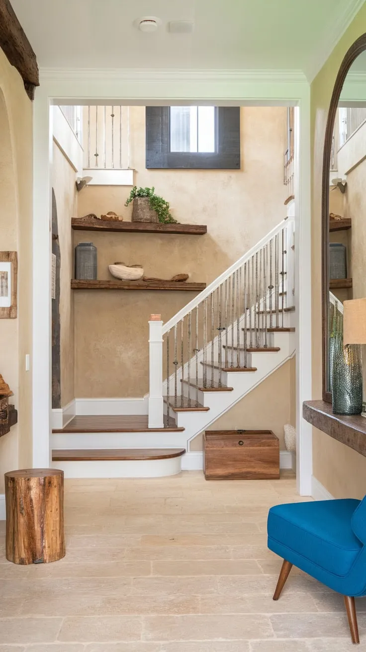 A welcoming modern farmhouse foyer features a striking white staircase ascending from a beige-tiled entryway, complemented by rustic touches and tasteful furnishings.