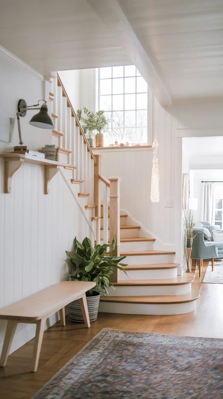 Natural light floods a stylish foyer showcasing a wooden staircase, plant-adorned bench, and a view into a comfortable living space.