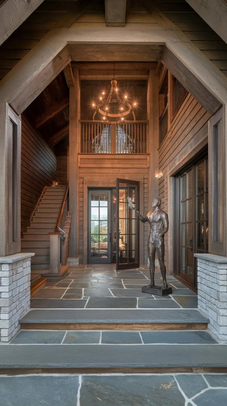 A grand rustic foyer welcomes with high ceilings, a chandelier, stone floors, wooden walls, and a torch-bearing sculpture, creating a warm and inviting luxury home entrance.