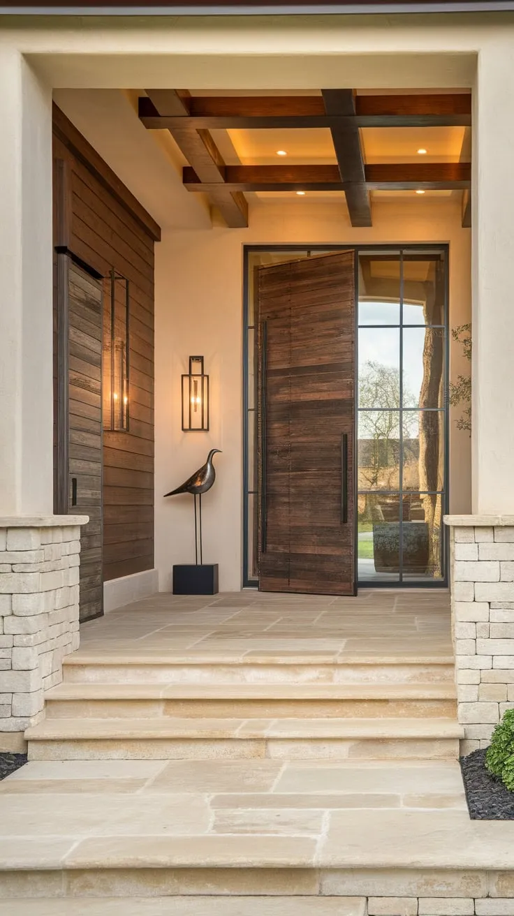 Rustic charm meets modern elegance in a breathtaking foyer, where a stone floor, wooden staircase, and artistic accents welcome guests into a luxurious home.