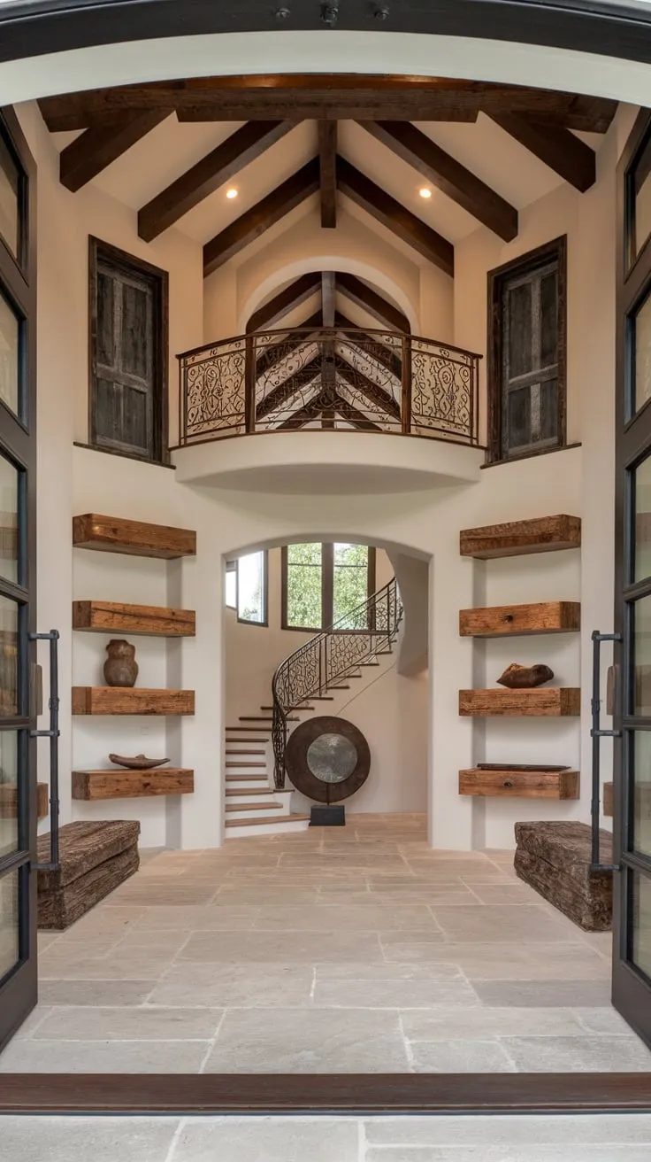 A grand foyer boasts a high ceiling, wrought iron staircase, rustic wood accents, and a modern-rustic design blending luxury and warmth