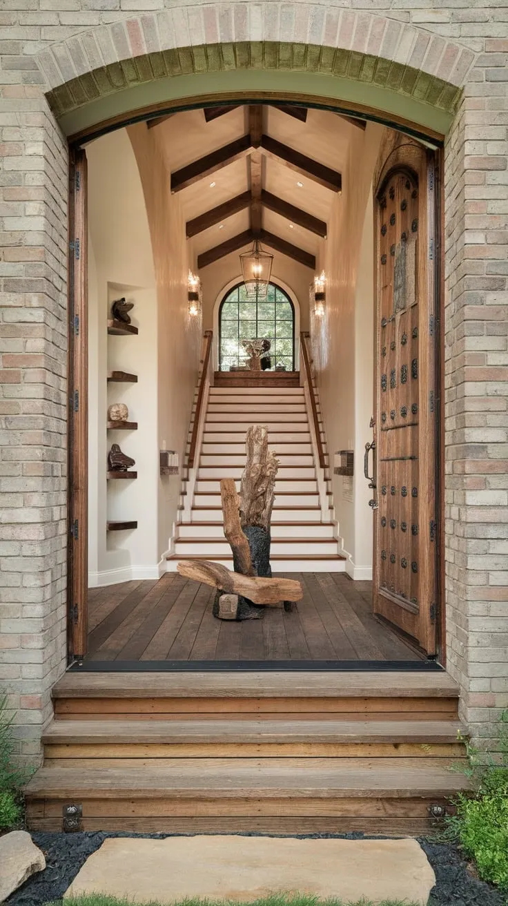 A breathtaking foyer featuring a carved wooden door, a sculptural staircase, and rustic charm creates an unforgettable house entrance.
