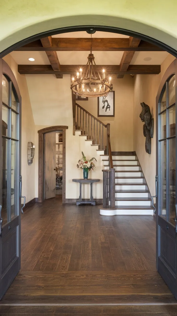 A rustic-chic foyer welcomes you with a wooden floor, elegant chandelier, and subtle details like a floral centerpiece and equestrian sculpture.