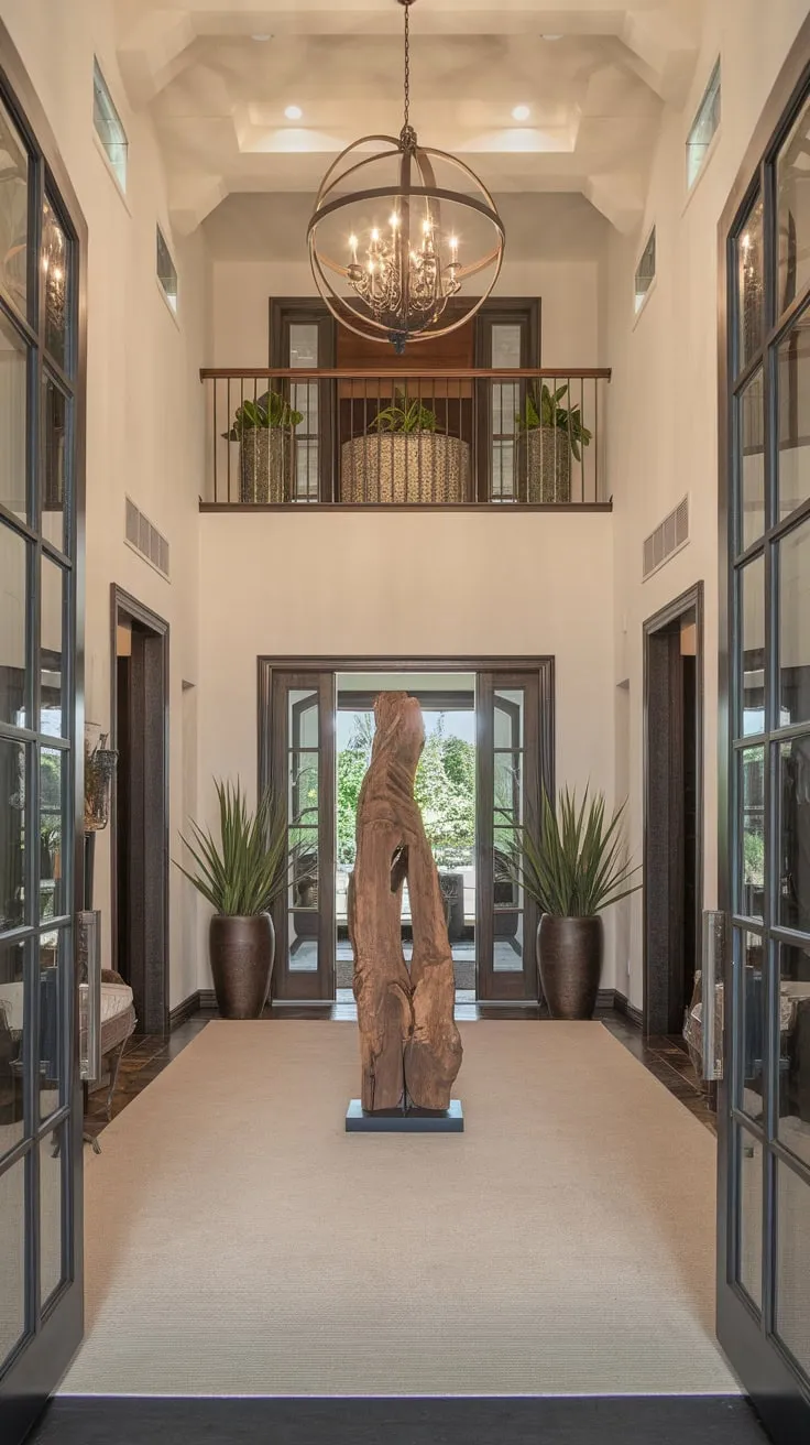 Modern elegance meets rustic charm in a stunning foyer featuring high ceilings, a chandelier, and a captivating wooden sculpture.