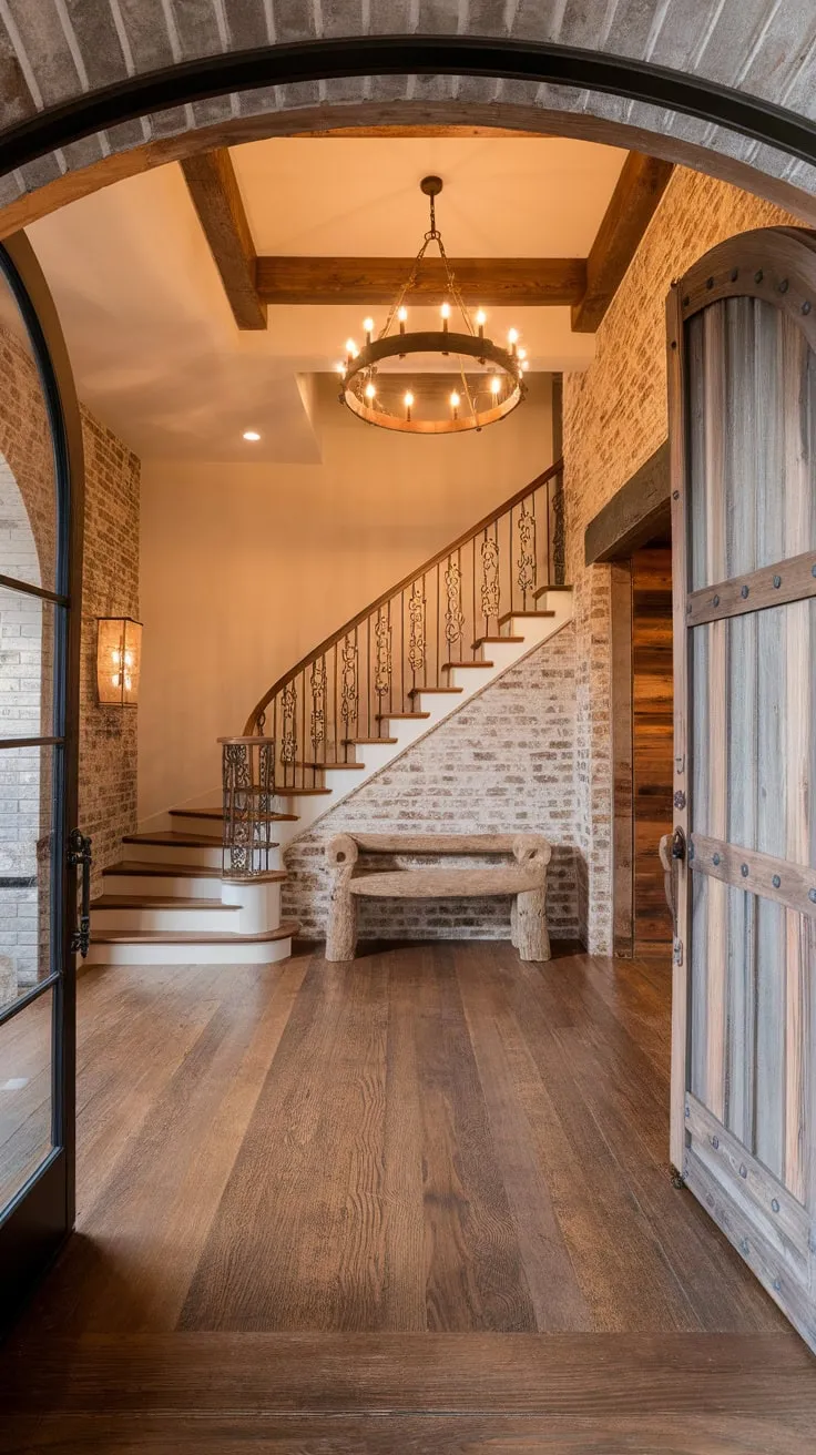 Warm lighting illuminates a luxurious rustic foyer featuring exposed brick, a grand wooden staircase, and inviting wooden accents.