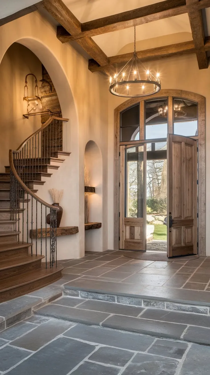 Rustic charm meets modern elegance in a spacious foyer featuring a stone floor, wooden staircase, and warm lighting, creating a luxurious and inviting atmosphere.