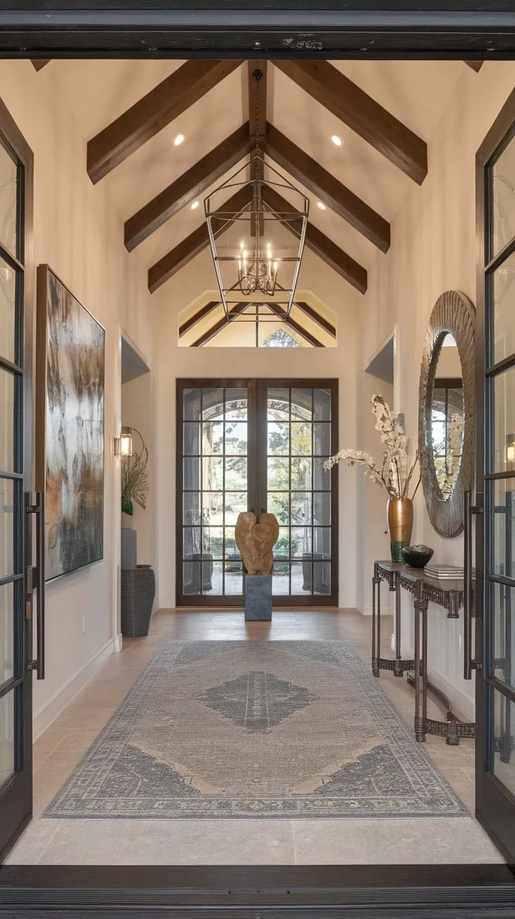 Double doors open to reveal a spacious foyer featuring a high ceiling, elegant chandelier, and tasteful rustic accents, setting a sophisticated yet inviting tone.