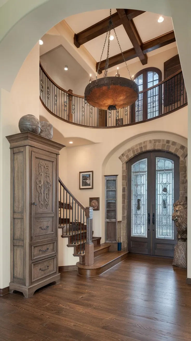 A grand rustic foyer boasts a high ceiling, wooden staircase, and ornate details creating a luxurious yet welcoming home entrance