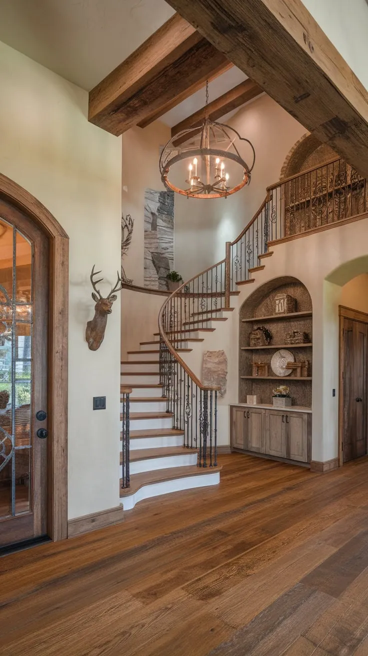 Warm wooden planks and a stunning chandelier illuminate a welcoming luxury foyer, blending rustic charm with elegant design.