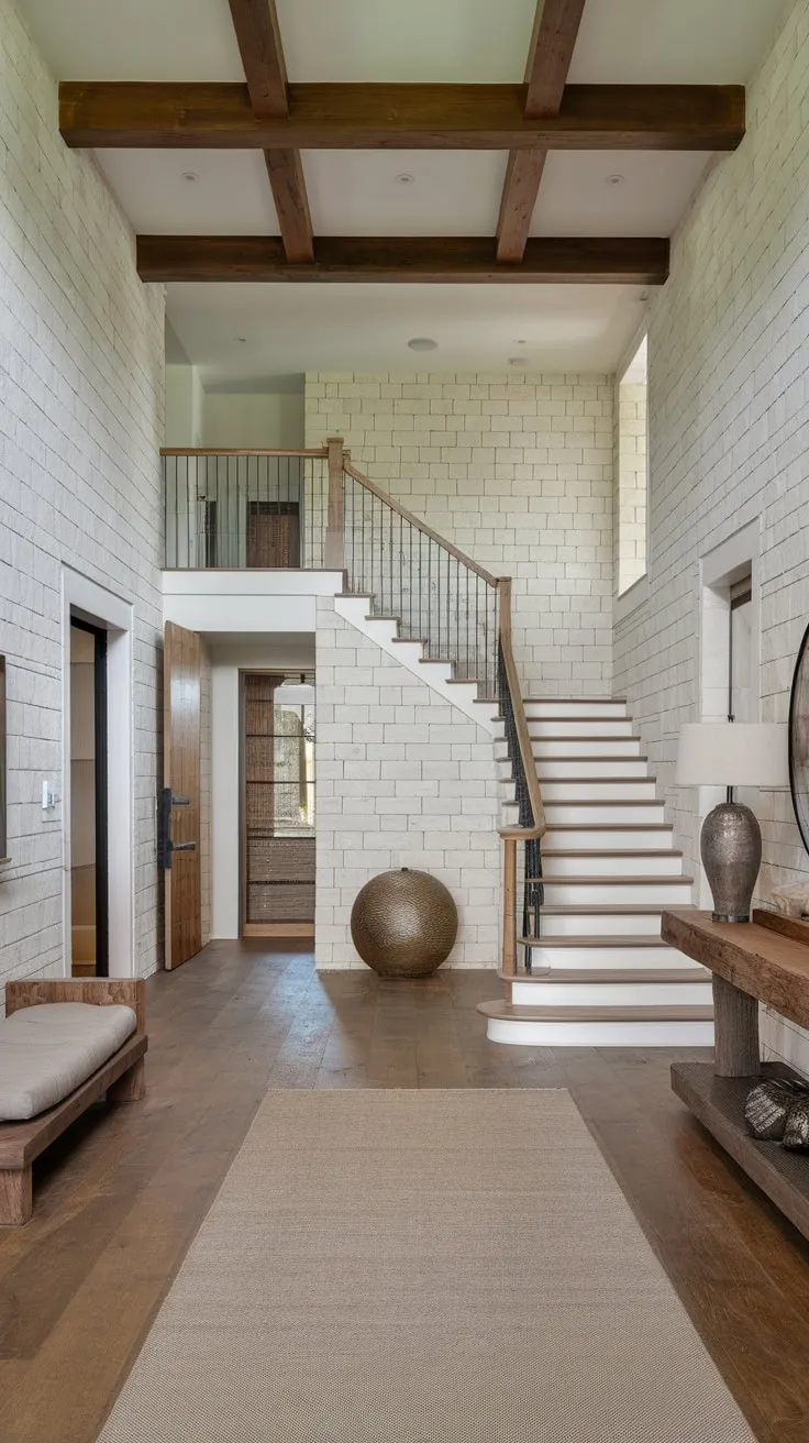 Modern minimalism meets rustic charm in this stunning foyer, featuring a stone and wood design with eye-catching sculptural elements.