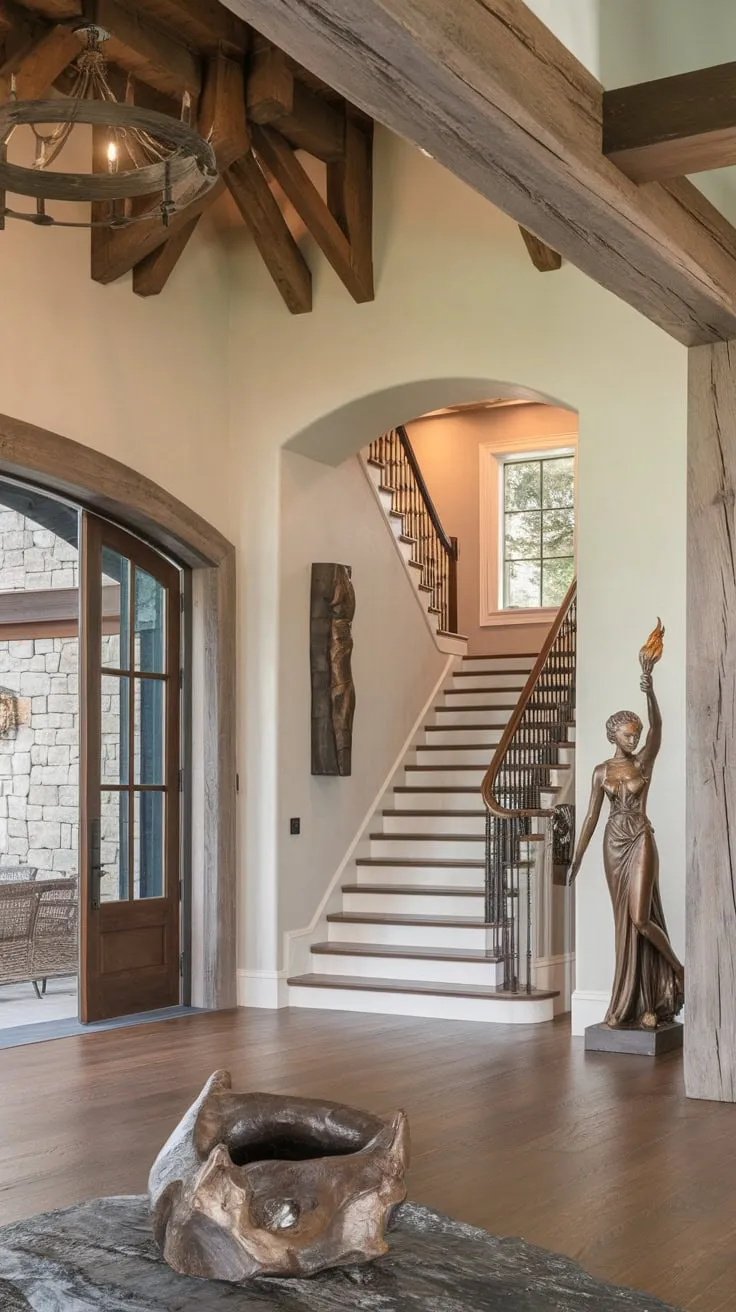 A spacious wood-floored foyer with high ceilings, a dramatic staircase, and a torch-bearing sculpture welcomes guests into this luxurious rustic home