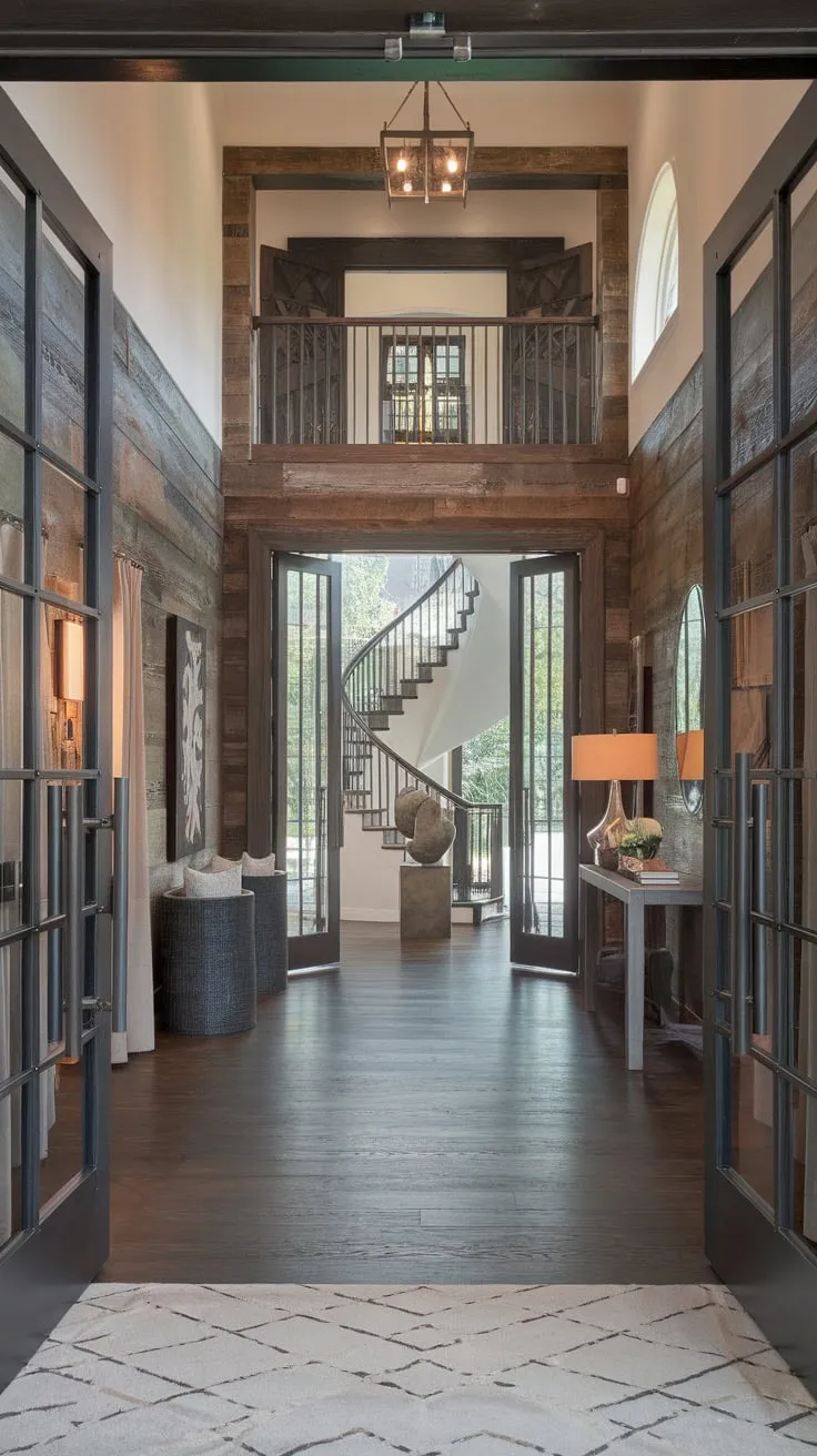 A dramatic foyer boasts a rustic-modern blend with soaring ceilings, a spiral staircase, and sculptural art, all bathed in warm light.