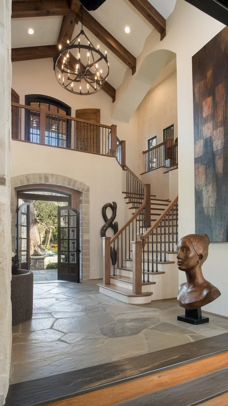 Rustic charm meets opulent design in a breathtaking foyer featuring a stone floor, wooden staircase, and captivating sculpture, setting the stage for a luxurious home.