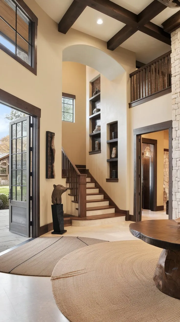 Beige walls and a plush rug complement the dark wood accents and bright lighting in this inviting, high-ceilinged entryway.