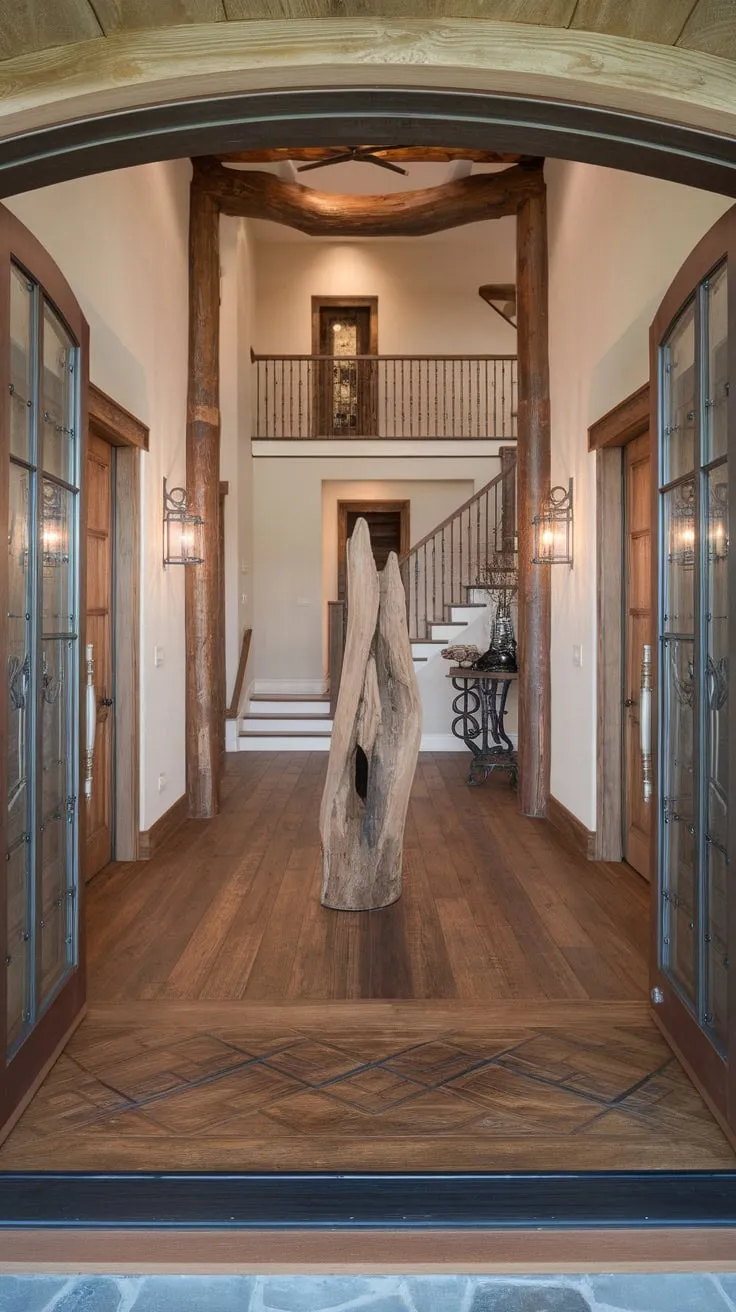 A rustic wooden foyer welcomes you into a luxury home, its grand staircase and sculptural details creating a warm and inviting ambiance