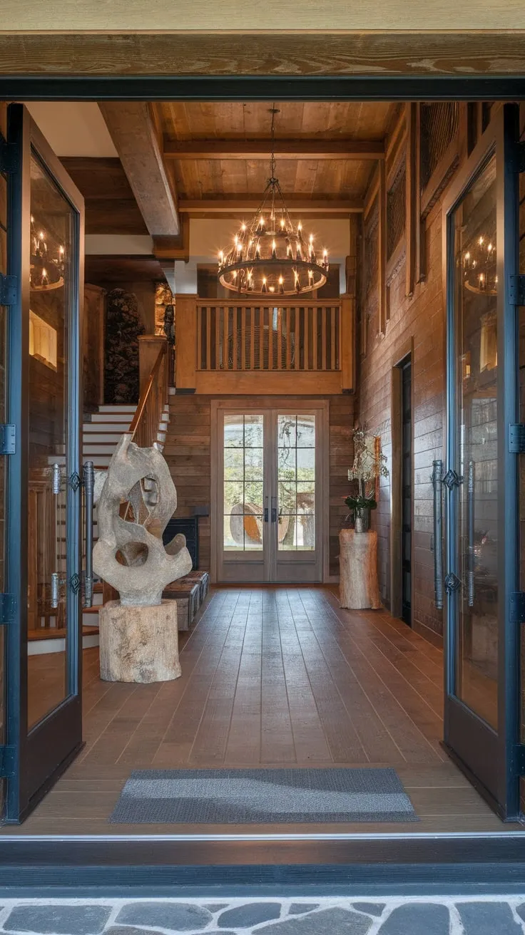 Warm wood paneling, a glass door, and a stunning chandelier define the inviting rustic luxury of this home's foyer.