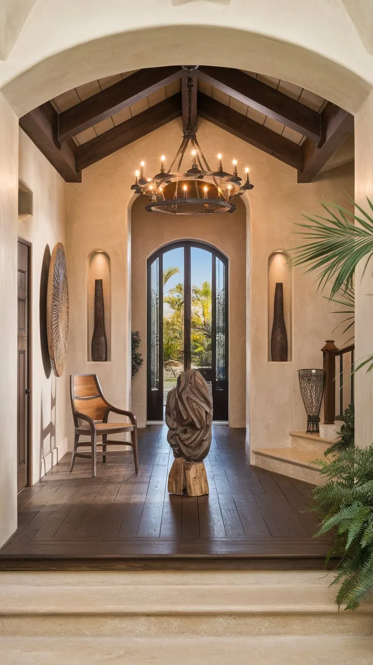 A luxurious yet rustic foyer boasts a wooden floor, stunning chandelier, and handcrafted details, setting a warm and inviting tone for the home.