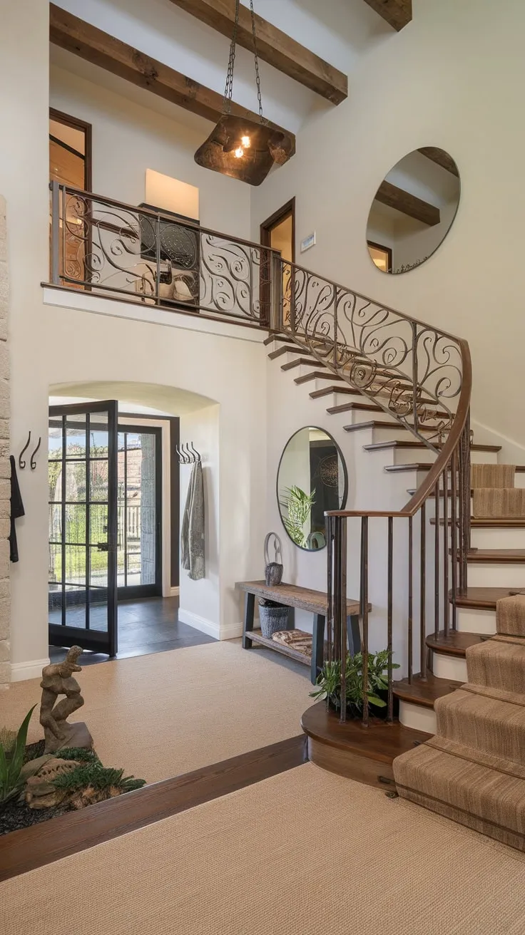 A high-ceilinged foyer boasts a rustic wooden staircase, wrought iron accents, and tasteful décor creating a modern luxury home entrance