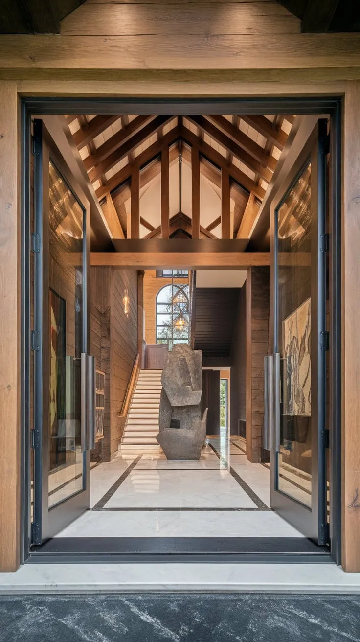A grand marble foyer with soaring ceilings, wooden paneling, a striking sculpture, and a sweeping staircase defines this luxurious home's rustic yet modern entrance
