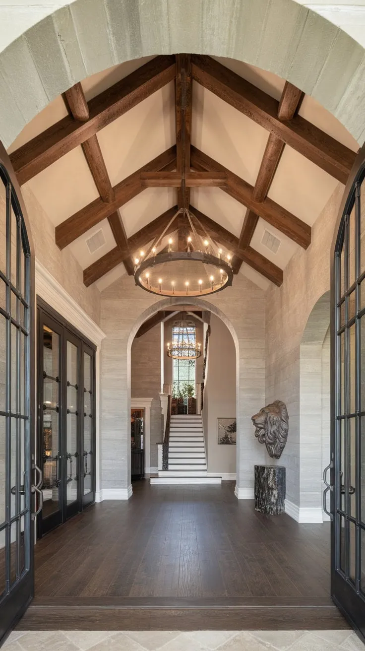 A grand foyer boasts a rustic-chic design with soaring arched ceilings, a dramatic chandelier, and a lion-head sculpture guarding the dark wood staircase