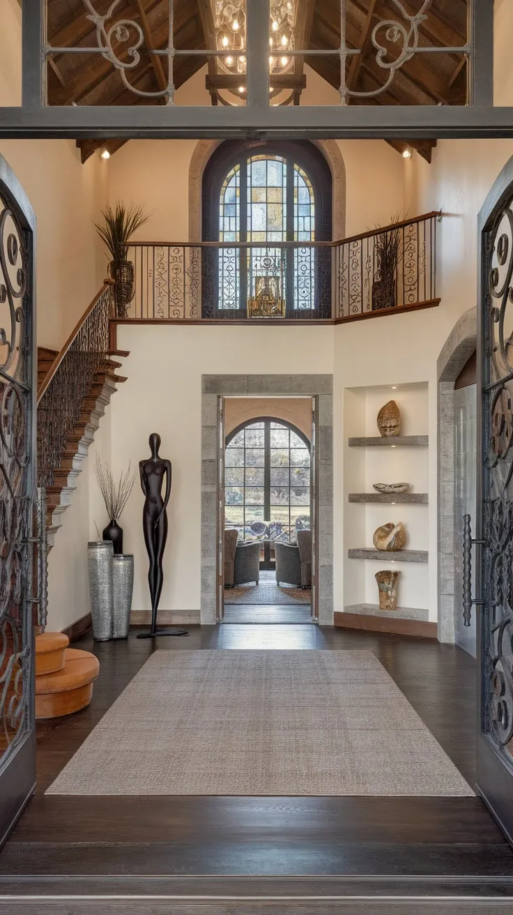 A luxurious home entrance features a stunning foyer with a high ceiling, a rustic wooden staircase, and modern art, perfectly blending modern and rustic design elements.
