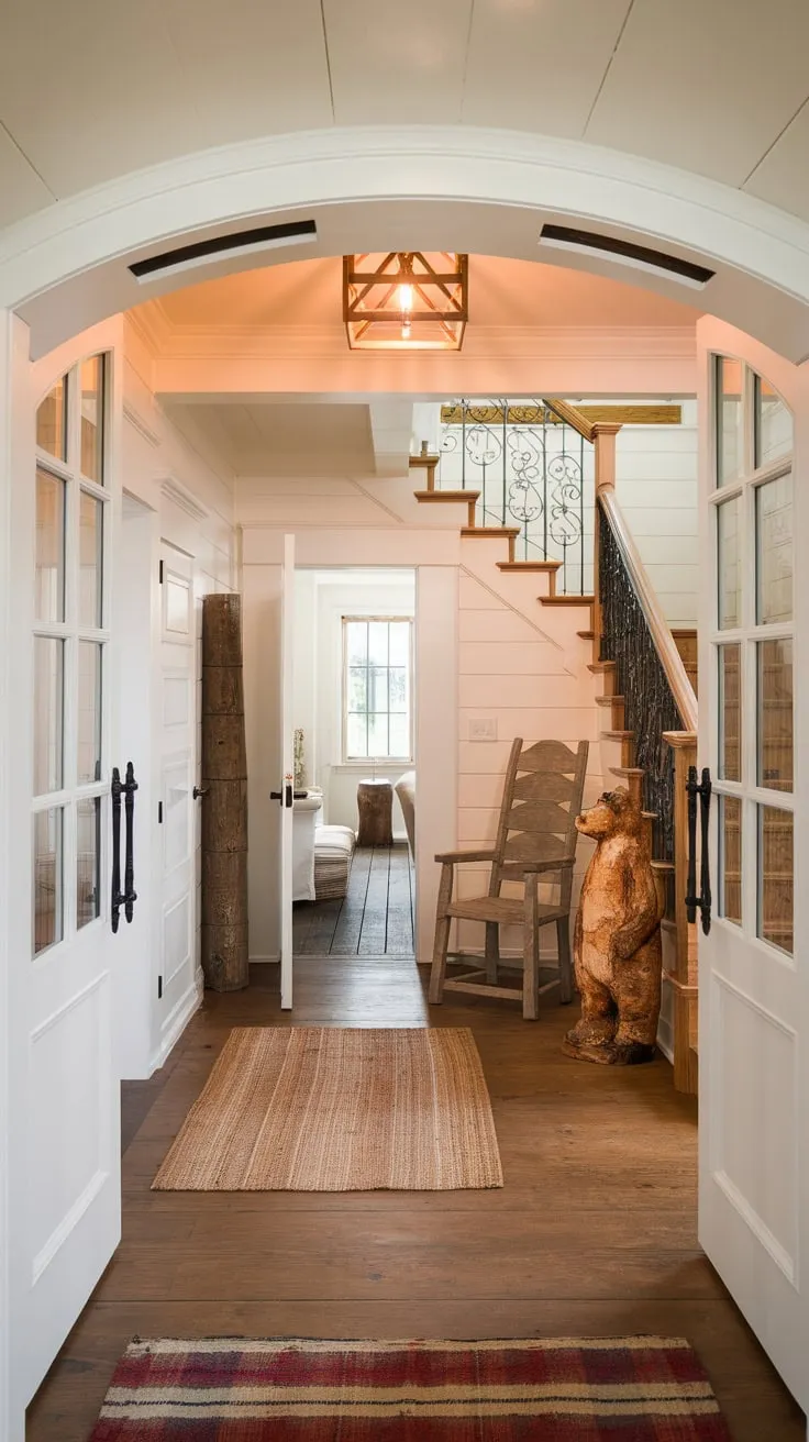 A wooden staircase, white walls, and a rustic wooden chair define a charming foyer, bathed in warm light and enhanced by a wooden bear sculpture.