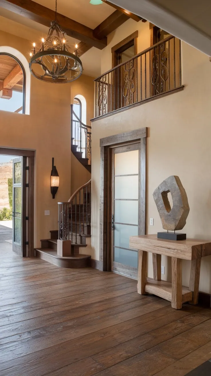 A grand rustic foyer boasts high ceilings, a chandelier, wooden staircase, and earthy tones creating a luxurious yet welcoming home entrance