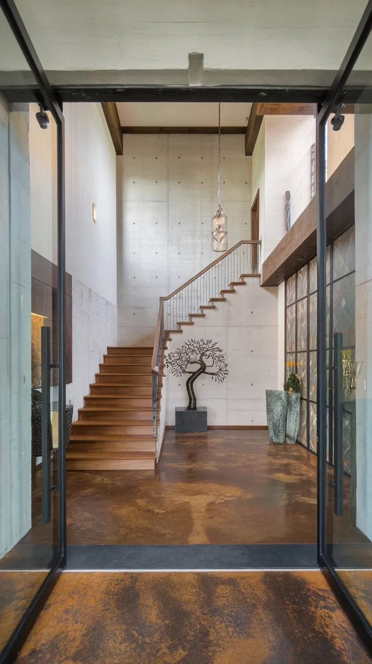 A high-ceilinged foyer boasts a luxurious modern design blending rustic wood and metal accents, concrete walls, and a striking tree sculpture.