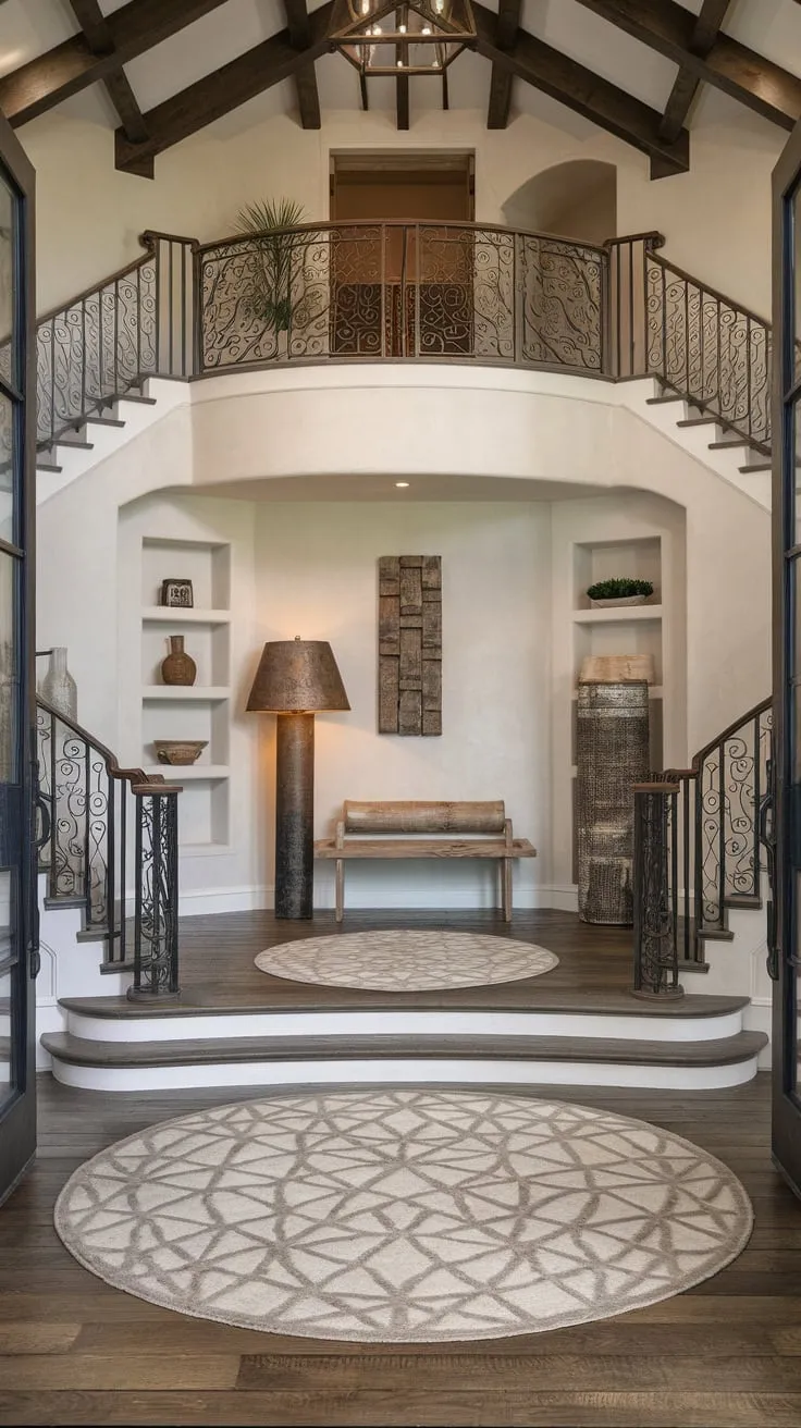 Modern rustic charm defines this luxurious foyer, its high ceilings and ornate staircase setting the stage for a welcoming and stylish home.