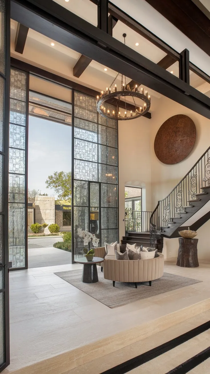 A high-ceilinged foyer blends luxurious modern design with rustic charm, showcasing a dramatic staircase, striking sculpture, and elegant seating area.