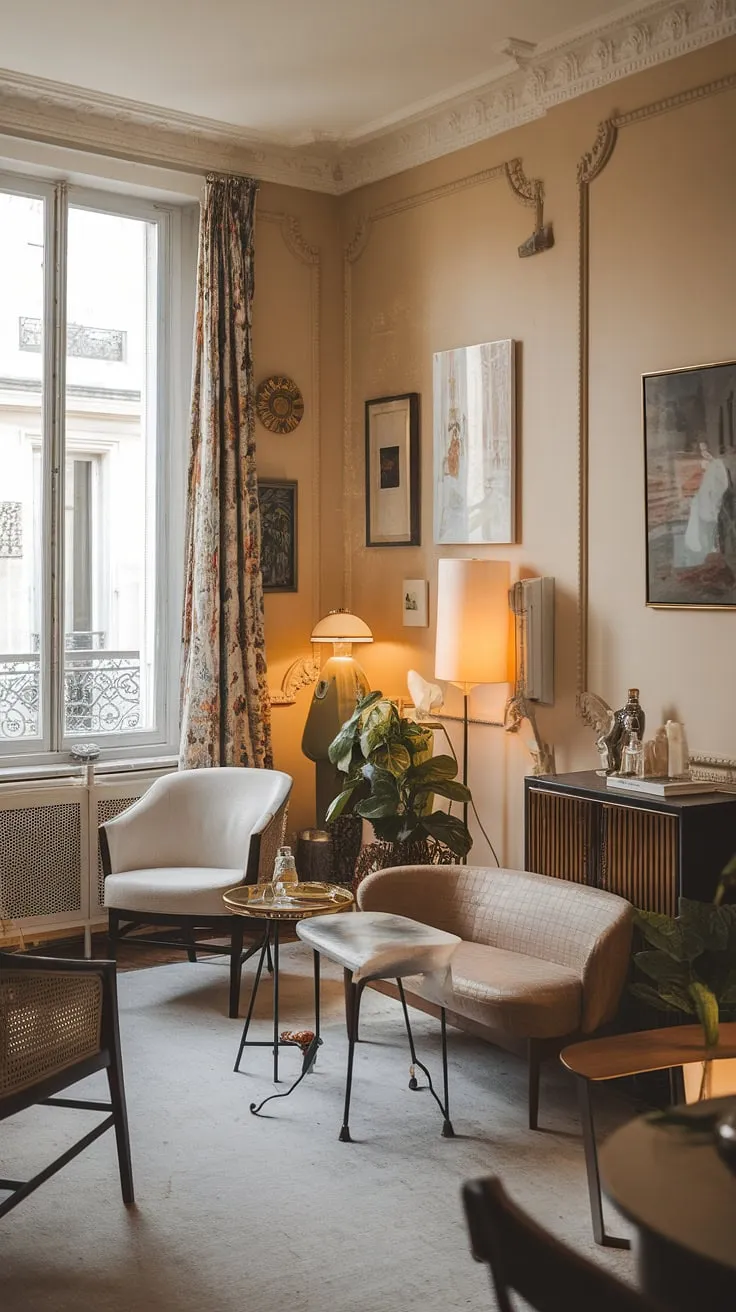A charming Parisian apartment boasts a small-space aesthetic blending vintage and modern design elements for a cozy yet stylish feel.