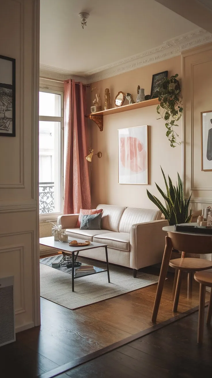A charming Parisian-style apartment boasts a small-space living design with a French aesthetic, featuring dark wood floors and soft-hued walls adorned with art and plants.